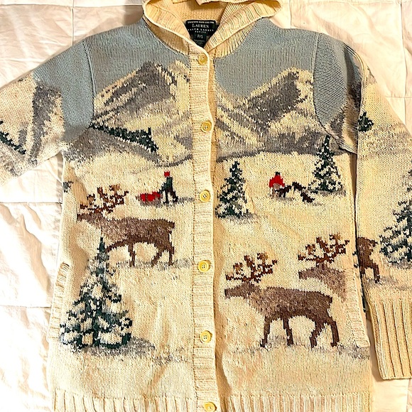 Ralph Lauren Vintage Exclusive Hand knit hooded cardigan sweater winter,sled,dog - Picture 2 of 15